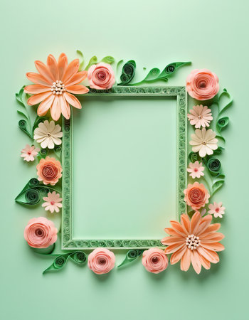 Flower frame with flowers on green background. Flat lay, top viewの素材