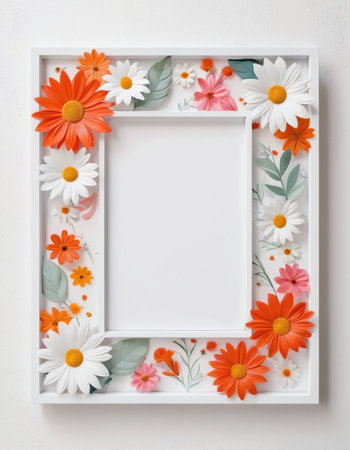 White frame with colorful flowers on white background. Flat lay, top viewの素材