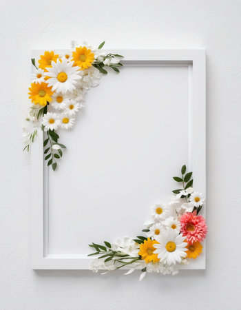White frame with flowers on white background. Flat lay, top viewの素材