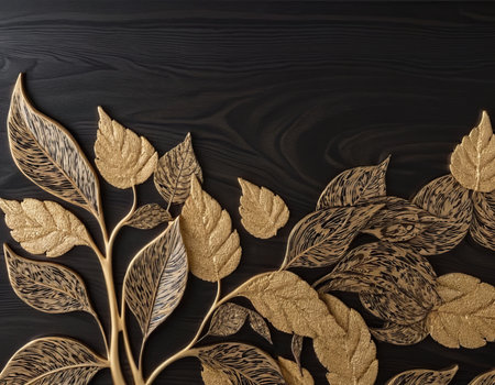 Golden leaves on a black wooden background. The concept of the beauty of nature.の素材