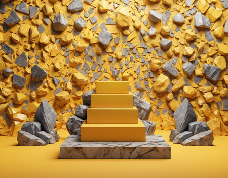 golden stairs on a background of stones. 3d rendering.の素材