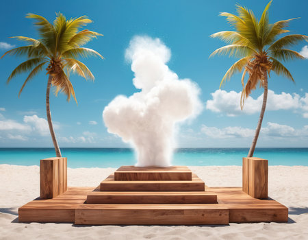 Wooden stairs to the beach with palm trees and smoke in the skyの素材