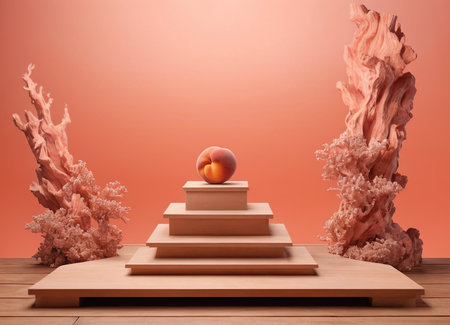3d rendering of an abstract composition with a podium and an orange ballの素材