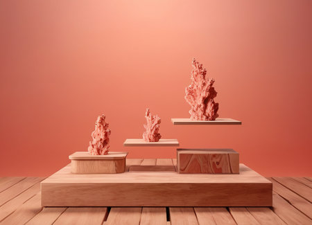 Wooden podiums with red coral coral background. 3D renderingの素材