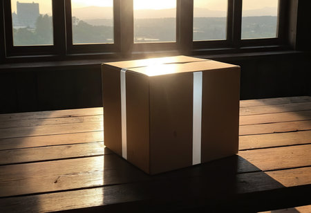Box on the table in a cafe with sun light and city viewの素材