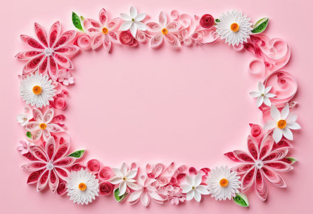 Flower frame on a pink background, top view, copy spaceの素材