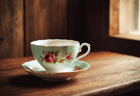 cup of coffee on wooden table, vintage style, shallow depth of fieldの素材