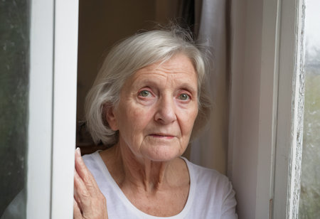 Portrait of an elderly woman standing by the window in the houseの素材