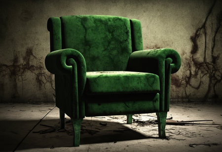 Old green armchair in grunge room, 3d render.の素材