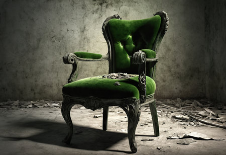 Vintage green armchair in grunge room, 3d renderの素材