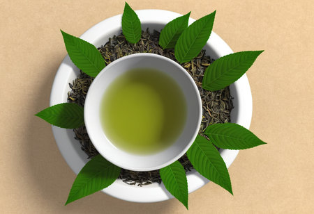 Green tea in a white bowl with green leaves on a brown backgroundの素材