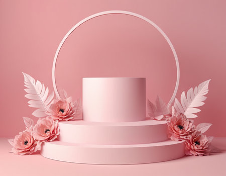 3d render of abstract minimal geometric forms. Glossy pink podium for your design. Fashion show stage.の素材