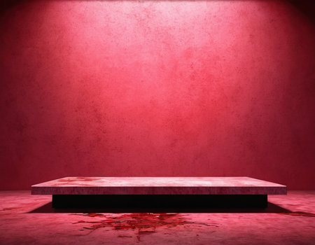Empty red podium on grunge background. 3d render illustration.の素材