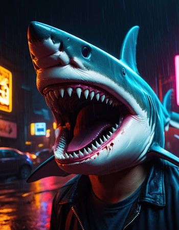 Shark head on a man's face in the rain at nightの素材
