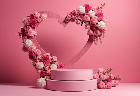 pink podium with heart and flowers on pink background for product displayの素材