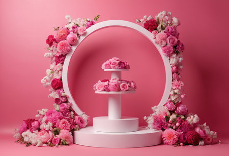 Cake stand with beautiful flowers on pink background. 3d renderの素材
