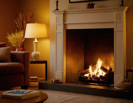 Fireplace with burning firewood and candles in living room at nightの素材