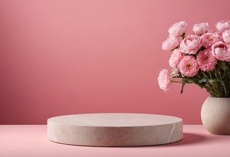 Wooden podium with pink flowers on pink background. Mock up for product presentationの素材