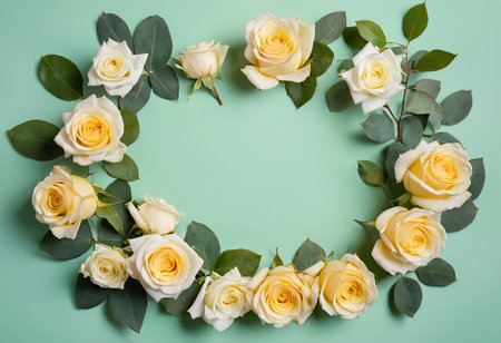 Flowers composition. Frame made of white roses and eucalyptus branches on pastel green background. Flat lay, top view, copy spaceの素材