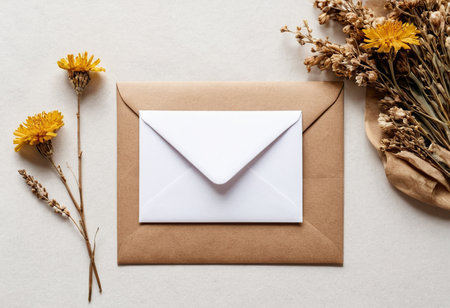 Envelope and flowers on white background. Flat lay, top view.の素材