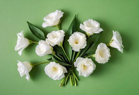 Beautiful white freesia flowers on green background. Flat lay, top viewの素材