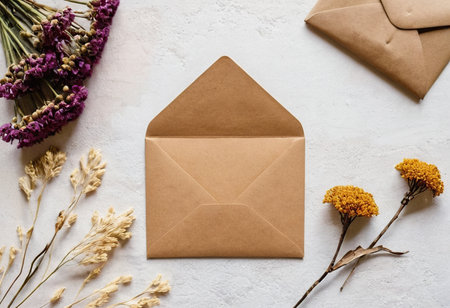 Envelope and dried flowers on white background. Flat lay, top viewの素材