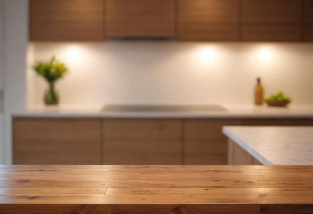 Empty wooden table and blurred kitchen interior background, product display montageの素材