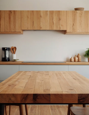Wooden table top in modern kitchen interior with copy space for your textの素材