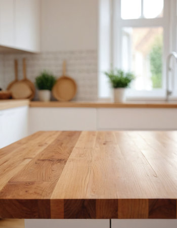 Empty wooden table for product placement in modern kitchen. Ready for product montageの素材
