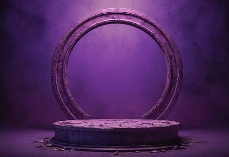 Empty round stage with purple background, 3d rendering. Computer digital drawing.の素材