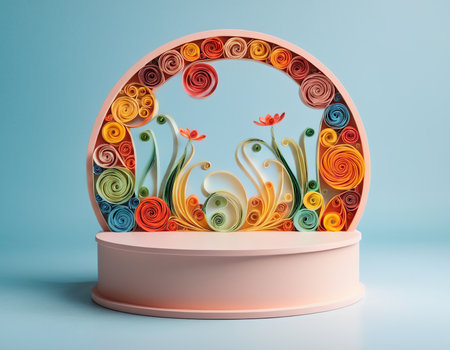 3d render of abstract round podium with colorful flowers and leaves.の素材