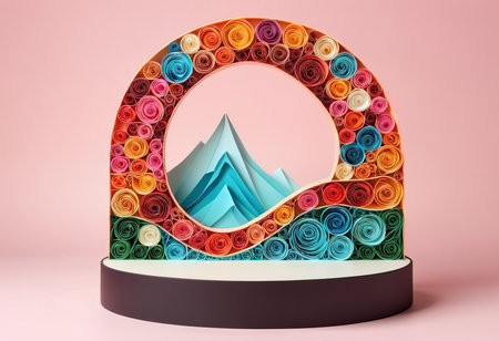 Abstract scene podium for product presentation with colorful origami paper flowers. 3d renderの素材