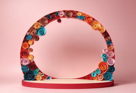 Cylindrical podium for product display with colorful roses on pink backgroundの素材