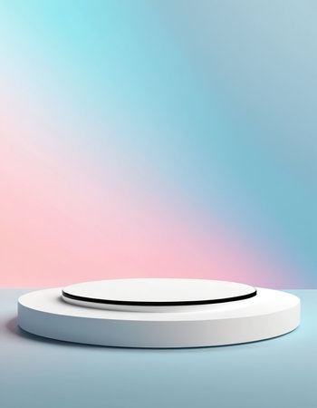 Podium on blue and pink background. 3d render illustration.の素材