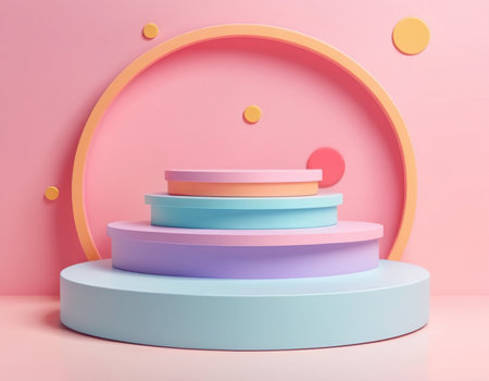 Abstract minimal scene with blue podium on pink background. 3d renderの素材