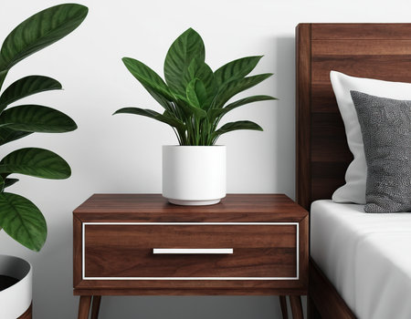 3d render of a bedroom interior with a bed and a plantの素材