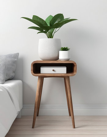 Interior of a modern bedroom with a wooden bedside table. 3d renderの素材