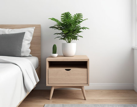 Bedroom interior with wooden bedside table and potted plants. 3d renderの素材