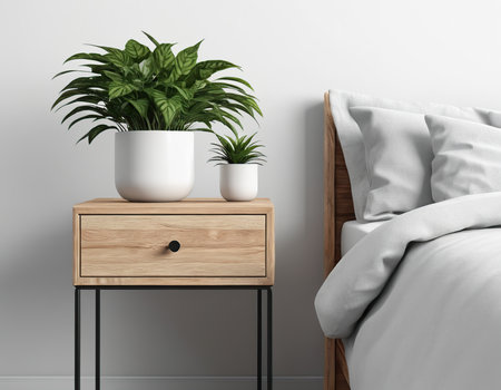 Bedroom interior with a wooden bedside table and a potted plant. 3d renderの素材