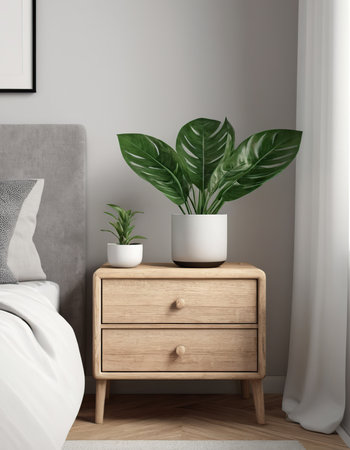 Wooden bedside table with plants in modern bedroom interior. 3d renderの素材