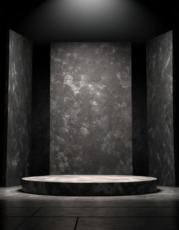 3D rendering of a black podium in a dark room illuminated by a spotlightの素材