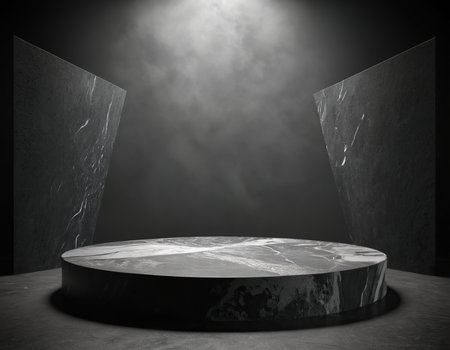 Black marble podium on a dark background. 3d rendering, mock upの素材
