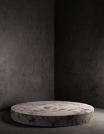 Round marble podium on dark concrete background. Mock up, 3D Renderの素材