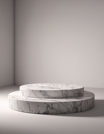 3d render of white marble podium on gray background. Minimal scene.の素材