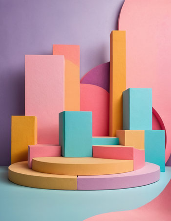 3d render, abstract geometric forms, podium for product presentation.の素材
