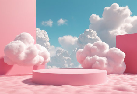 3d render, abstract background with pink podium and clouds, minimal sceneの素材