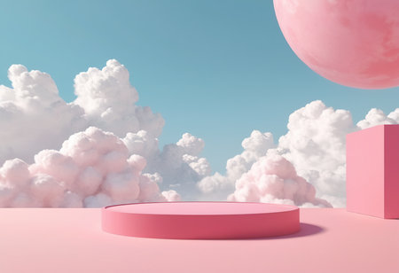 Minimalist scene with pink podium and clouds, 3d renderの素材