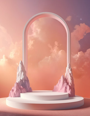 3d render of podium with arch, clouds and sky background.の素材