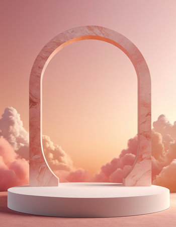 Minimalist scene with round arch and clouds. 3D renderingの素材