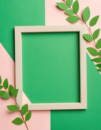 Frame with green leaves on pastel background. Flat lay, top viewの素材